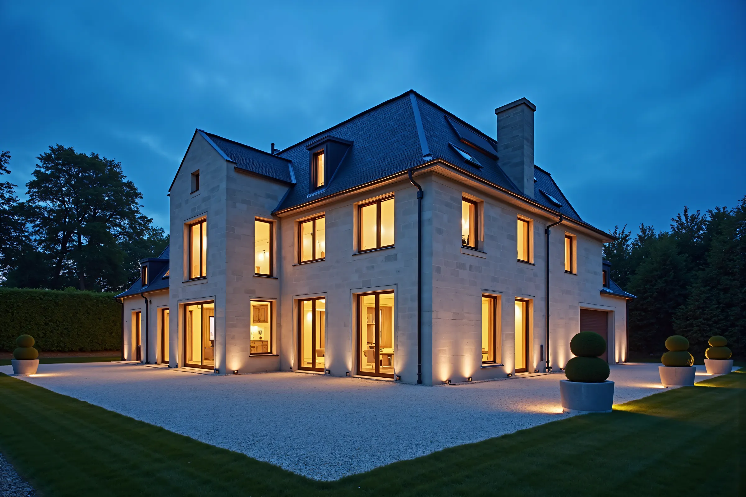 Maison neuve en pierre avec toit d’ardoise en Île-de-France, éclairée au crépuscule
