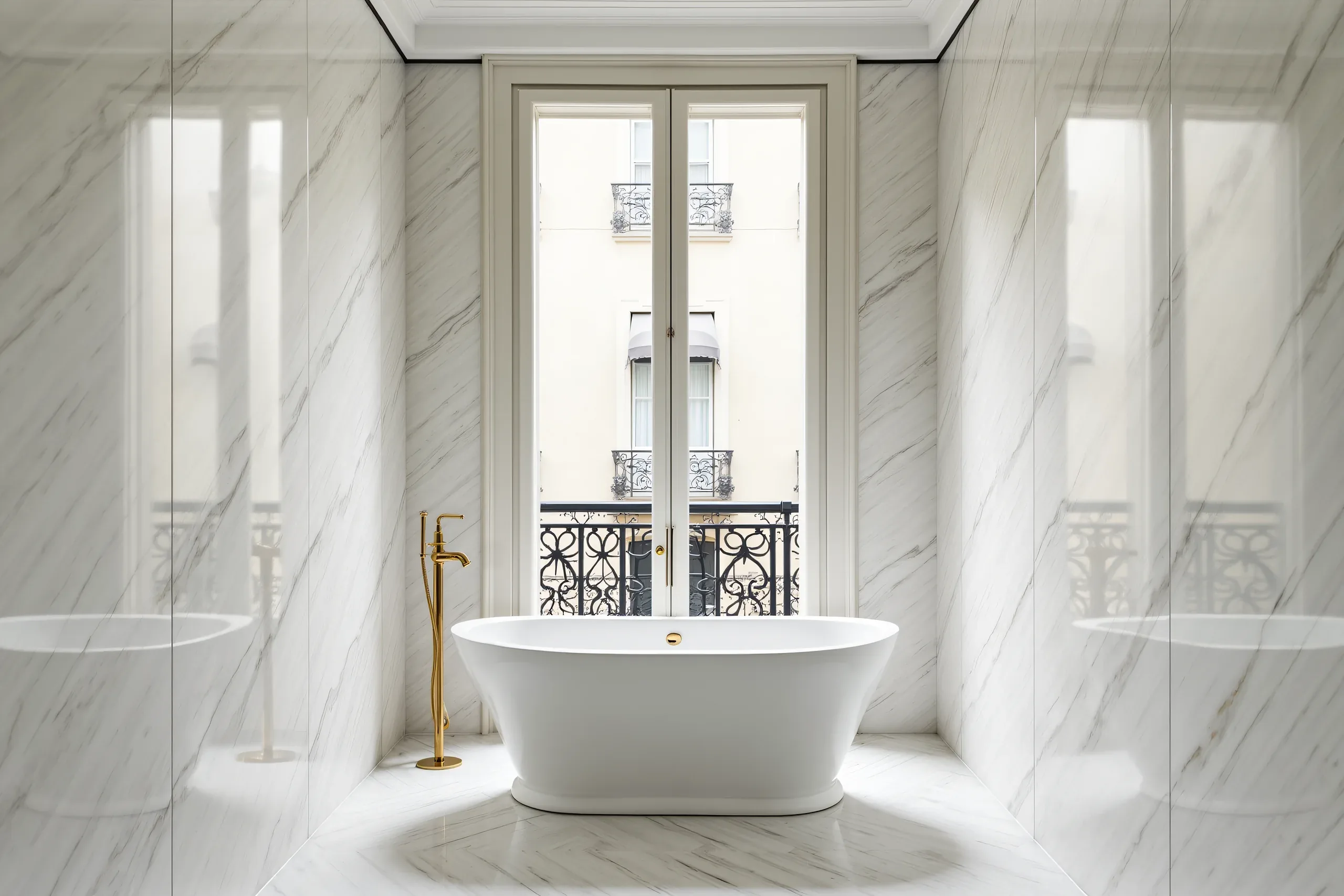 Salle de bains en marbre dans un appartement parisien rénové, baignoire îlot devant une porte-fenêtre à balcon en fer forgé