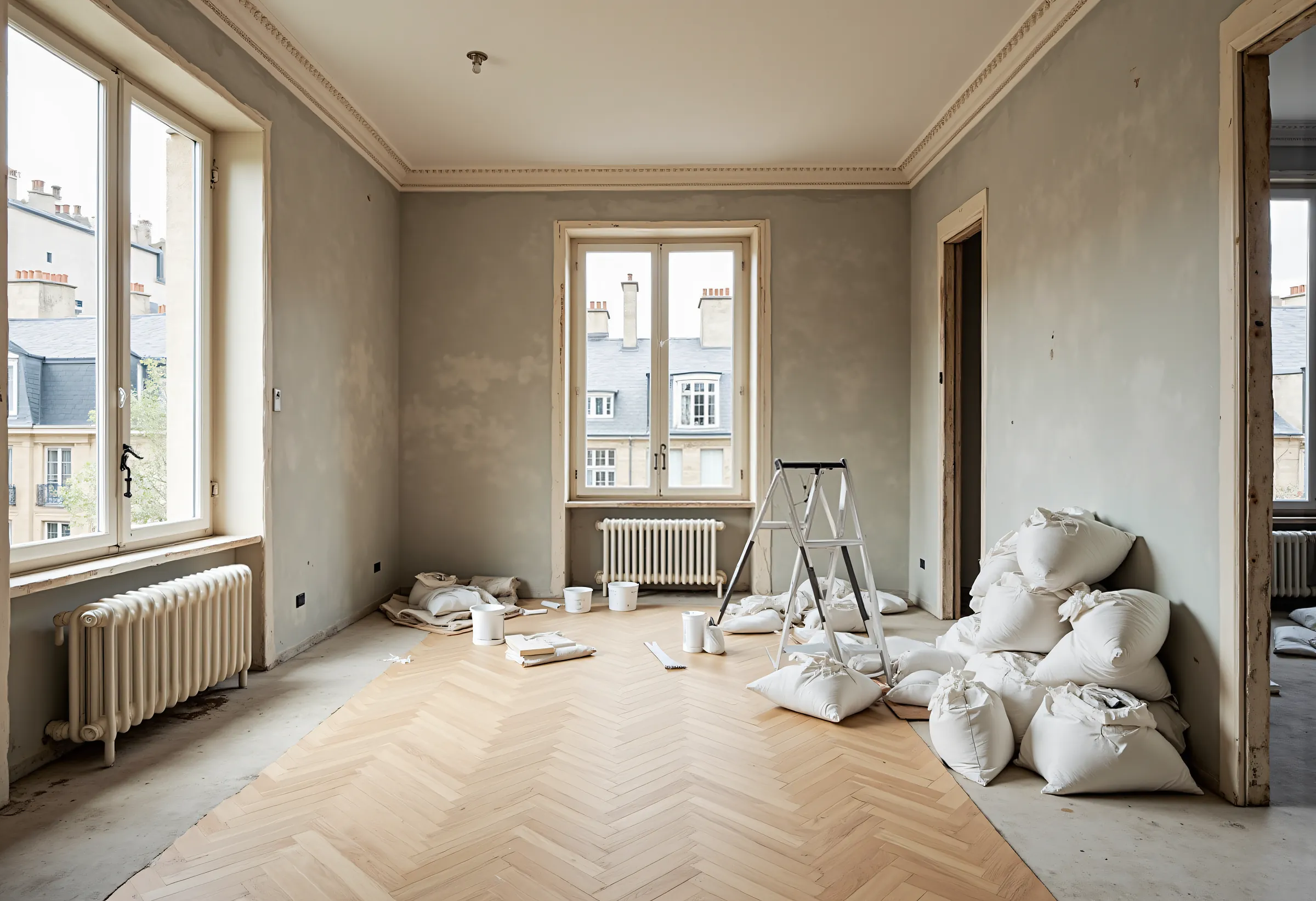 Appartement en cours de rénovation, parquet en point de Hongrie, moulures et hautes fenêtres